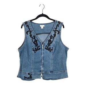 Vtg Christopher Banks Womens Denim Vest Embroidered Zip Size L Y2K Western Boho